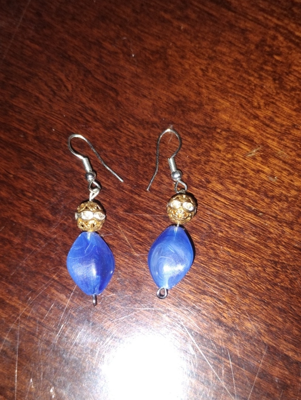 Gold and Blue Teardrop Bead Dangle Earrings